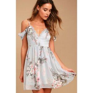 Lulu's Verona Off-the-Shoulder Lace‎ Dress Light Blue Floral Print Womens…